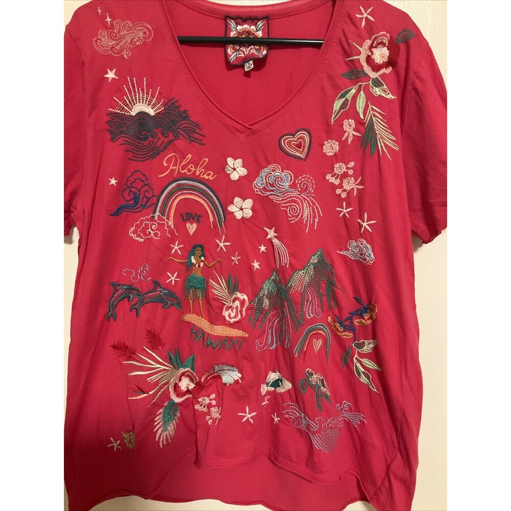 Johnny Was Women’s L Pink Embroidered Hawaii Aloha Short Sleeve Shirt - Picture 4 of 7